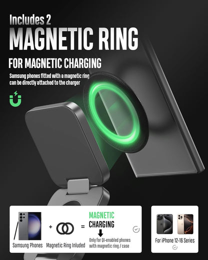 Foldable 3 in 1 Wireless Charging Station for Samsung, KU XIU X55 Ultra Magnetic Travel Charger Stand for Galaxy S24 Ultra S23 S22 Note 20 Z Fold Flip 6 5, Galaxy Watch Ultra 7 6 5, Galaxy Buds, Gray