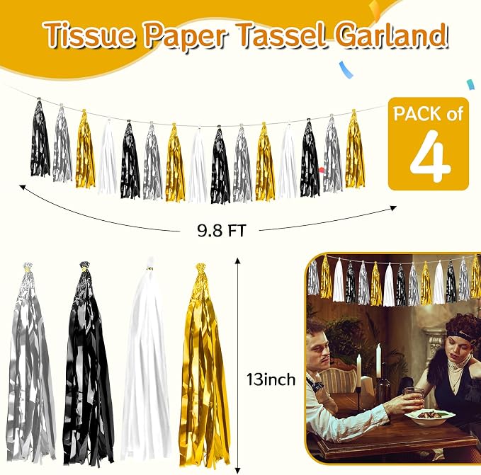2 Pack Black Sliver Gold Metallic Tassel Garland, Foil Fringe Banner Streamers - Image 2