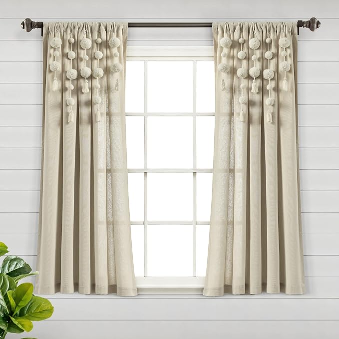 Lush Decor Boho Pom Pom Tassel Linen Textured Window Curtain Panel, Single 52" by LushDecor