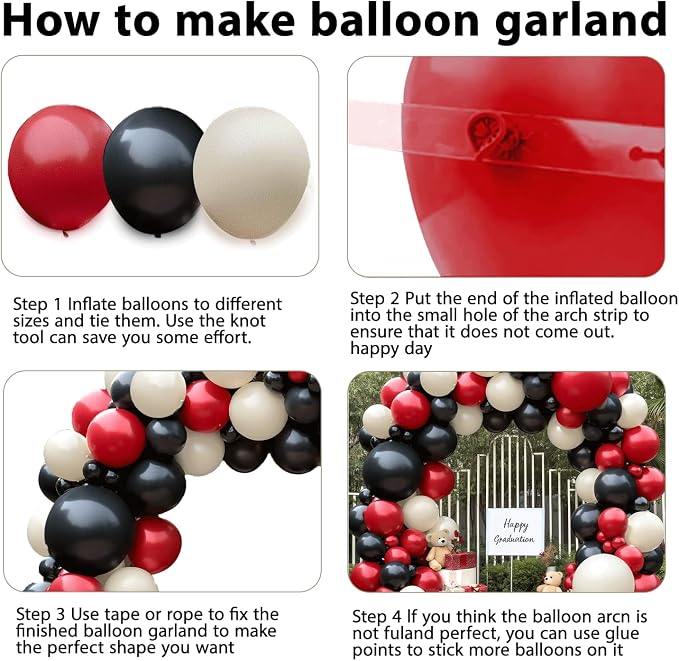 Red Black And White Balloons Garland Arch Kit, Double Stuffed Red Ivory White - Image 3