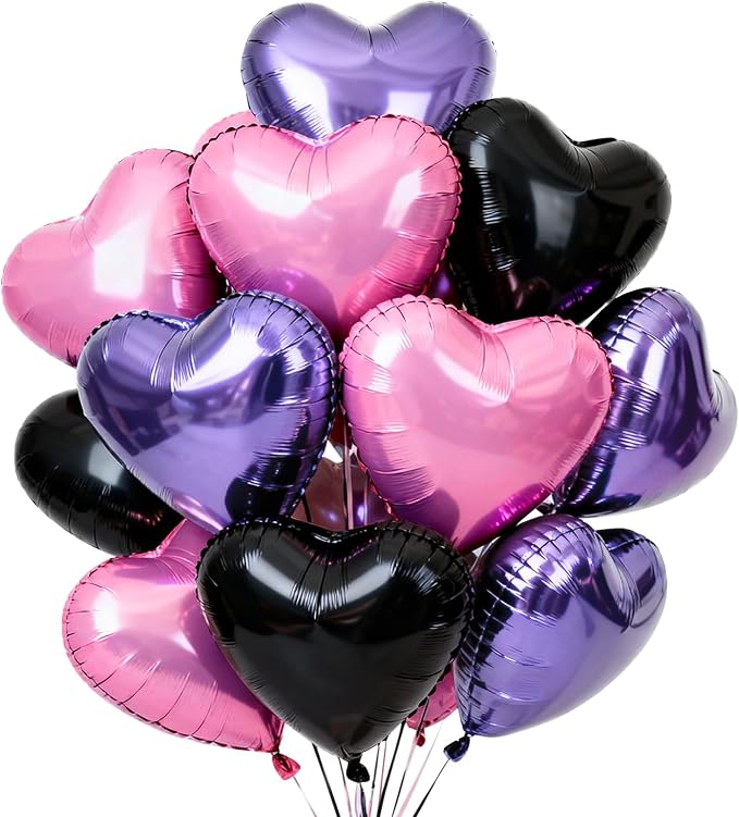 TONIFUL 15 Pcs 18 Inch Pink Black Purple Heart Shape Foil Mylar Balloons | by TONIFUL