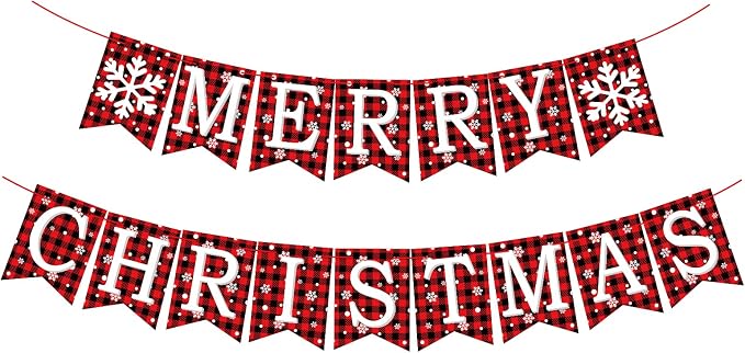 Merry Christmas Banner, Pre-Strung Buffalo Plaid Xmas Decorations, Merry by SerpizePaty