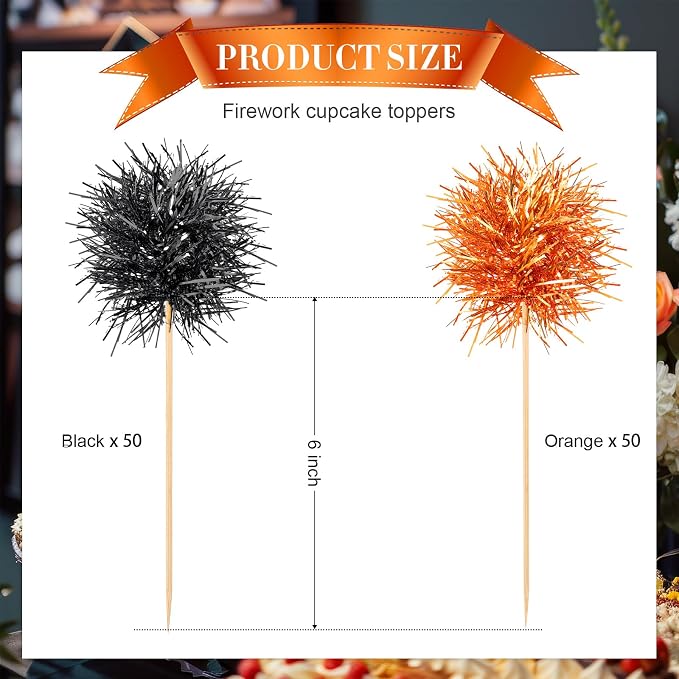Chinco 100 Pcs Halloween Foil Firework Cupcake Toppers | Sparkle Tinsel Cake - Image 2
