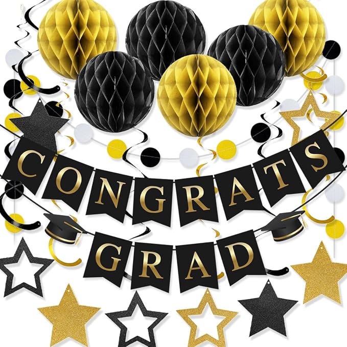 Graduation Decorations 2026-17Pcs Black and Gold Graduation Party Supplies by Seasons+Stars+SSDecor