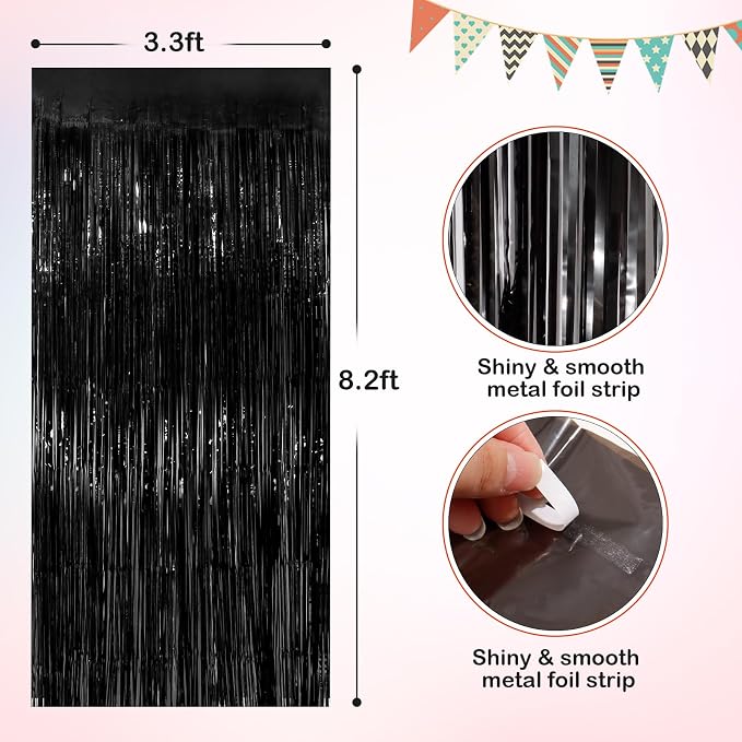 Black Metallic Tinsel Foil Fringe Curtains, 2 Pack 3.3x8.3 Feet Party Streamer - Image 2