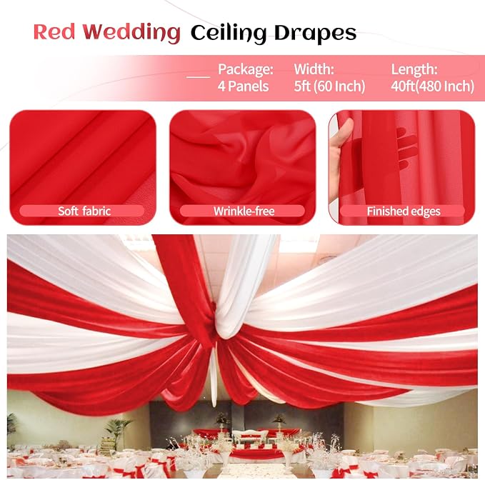 4 Panels Red Ceiling Drapes for Wedding Ceiling Drapes 5ftx40ft Wedding Arch - Image 5