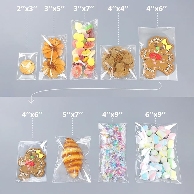 PigPotParty 4''x 4" Clear Plastic Cellophane Bags, 200 Pcs Small Self Sealing Cookie Bags for Gift, Party favor, Greeting Card,Candy, Treat, Goodies, Snack, Self Adhesive Resealable