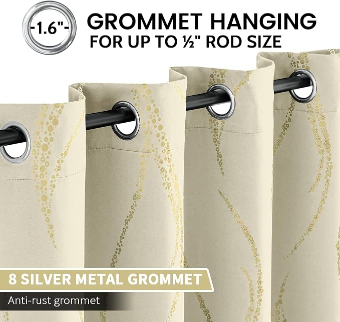 Yakamok Cream Light Blocking Curtains 90 Inches Long Gold Print Wide 52" | Gold - Image 3