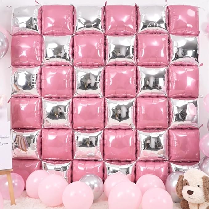Pearl Pink and Silver Double Sided Square Foil Balloons Wall, 19 Inches Pink - Image 3