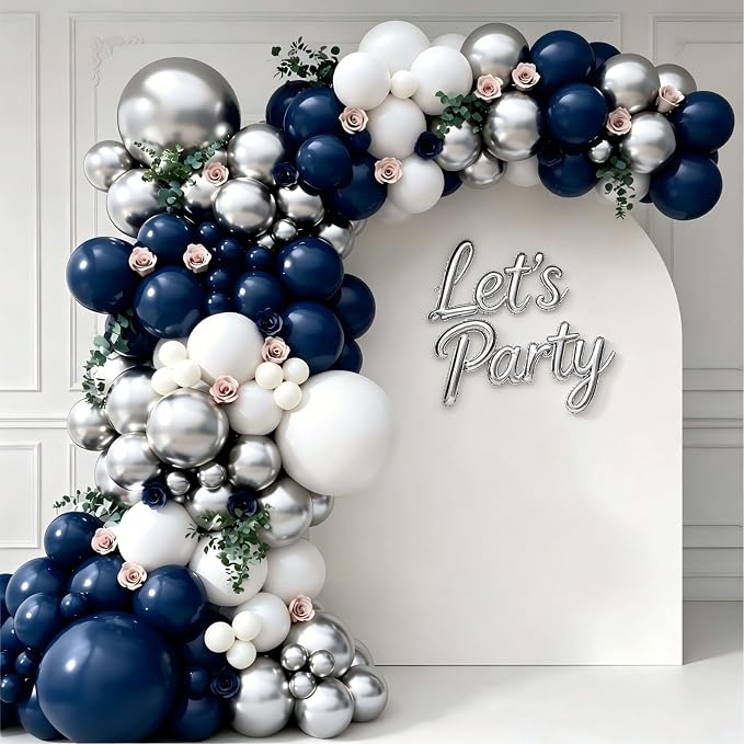 Navy Blue and Silver Balloon Garland Arch Kit, Royal Blue White Metallic Silver by Unknown