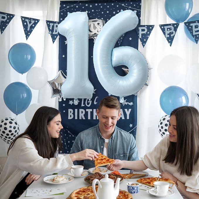 Big Number 16 Balloons, Light Matte Blue Foil 16 Balloon Numbers 40 Inch - Image 4