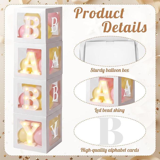 Baby Balloon Boxes with B, Y Light up Letters 4 White Transparent Square Boxes - Image 3