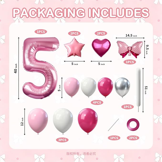 40 Inch Pink Number 5 Balloon Tower Set, Pastel Number Five Foil Balloon - Image 2