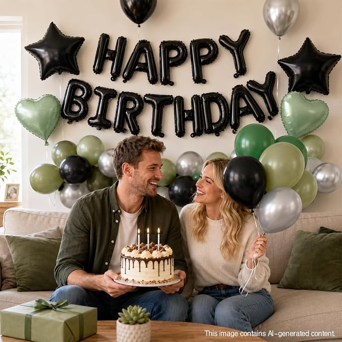 Black Green Birthday Decortions, Star Heart Foil Balloons - Image 4