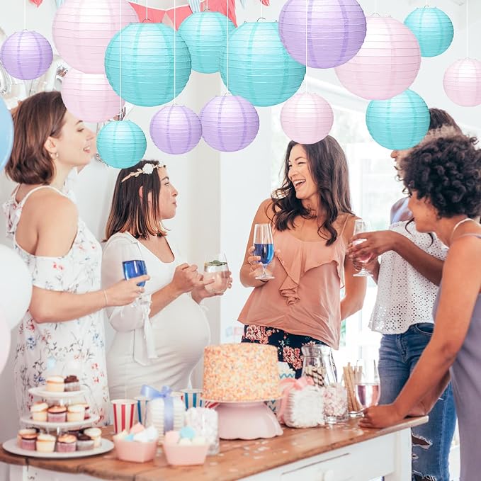 21Pcs Pastel Paper Lanterns, 4-10in Round Hanging Decor, Girl Birthday | - Image 6