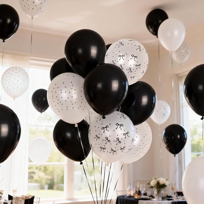 Black and White Bow Balloons, Pearl Black White Bow Print Latex Balloons - Image 3