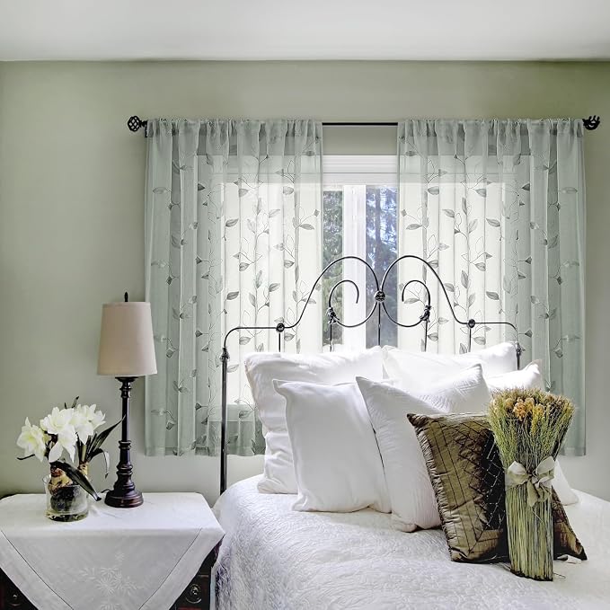 HOMEIDEAS Sage Green Sheer Curtains 52 x 54 Inch Length 2 Panels Embroidered - Image 3