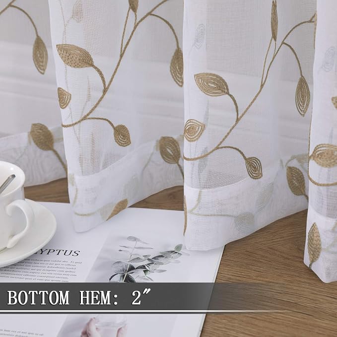 Tollpiz Leaves Sheer Curtain Taupe Leaf Embroidery Living Room Curtains Rod - Image 4