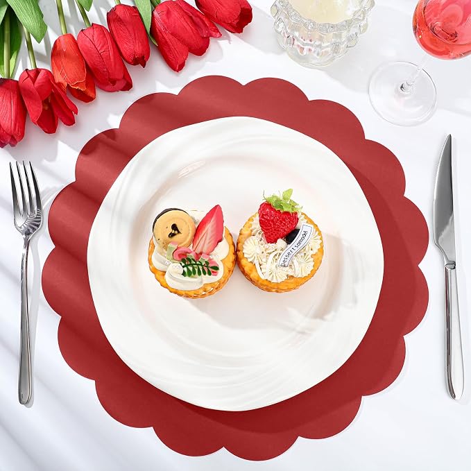 60 Pcs Red Paper Placemats, 13.5 Inch Disposable Scalloped Table Mats | Thick - Image 4