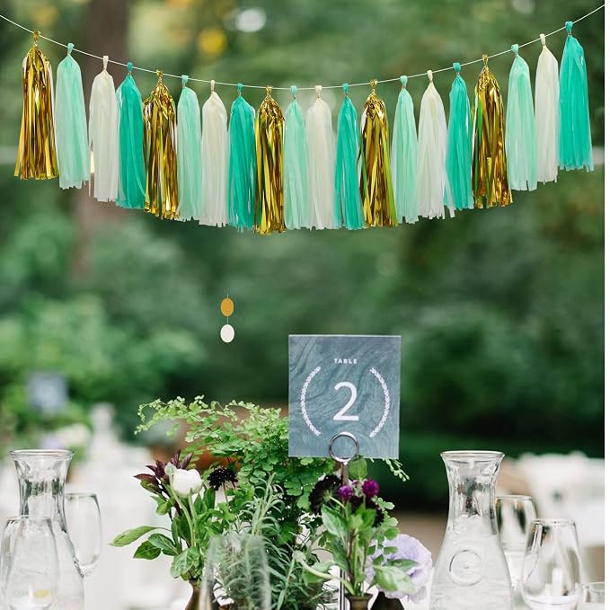 Teal-Blue Mint Beige-Gold Party-Decorations Tassel-Garland -20pcs Rustic - Image 3