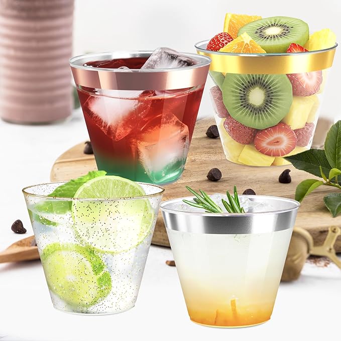 [200 Pack] 9oz Plastic Cups with Gold Glitter Sturdy & Food Safe Plastic Wine Glasses Disposable Cups Party Wedding Cups Cocktail Glasses for Wine, Juice & Cold Beverages