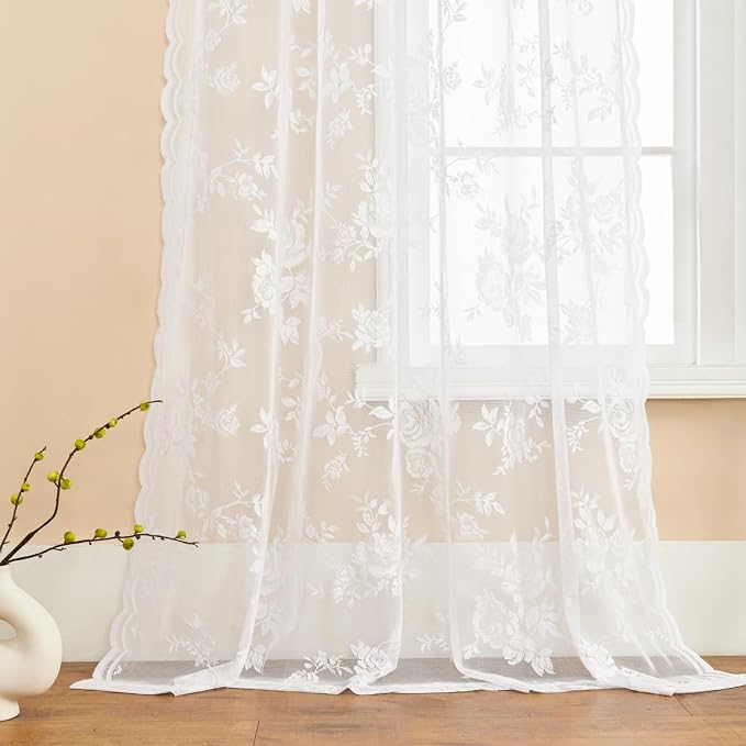 SEEKRIGHT White Lace Curtains 63 Inch Length 2 Panels Set Victorian Floral - Image 5