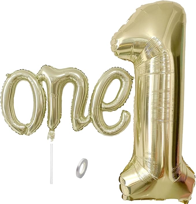 2Pcs Champagne Gold Foil 40" Number 1 and 26" Script Letter One Balloon Set | by WEILINZHOU
