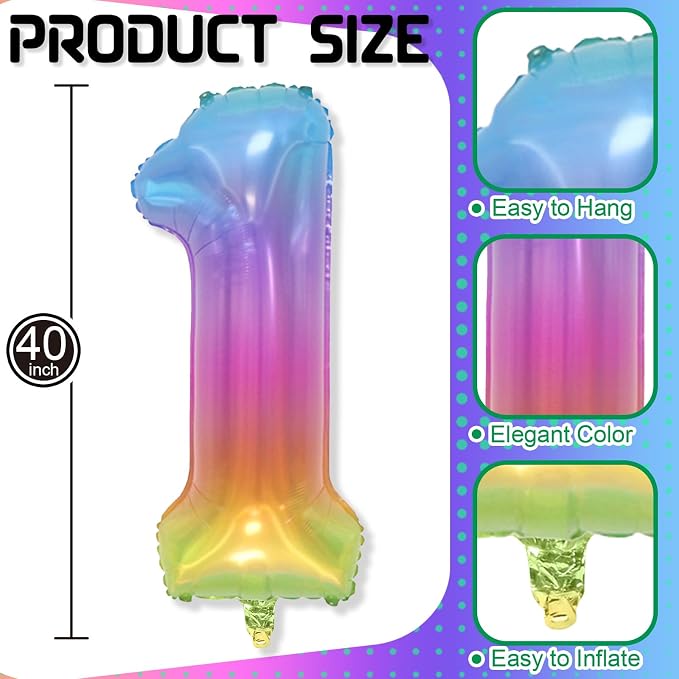 Big Number 1 Balloons, Rainbow Multicolor Foil 1 Balloon Numbers 40 Inch - Image 2