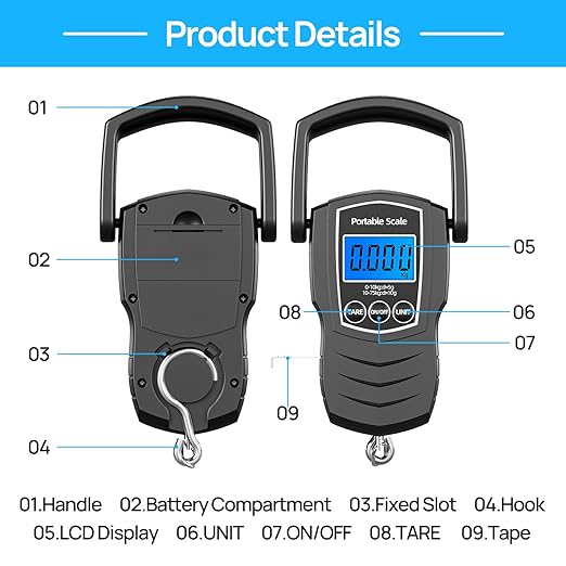 75Kg/165Lb Digital Luggage Scale for Travel, Fishing Weight Scale Unit with 1.5M Measuring Tape, Suitcase Weight Unit Can Switch Kg/Lb/Jin/Oz 4 Units, with Hook, Battery Included