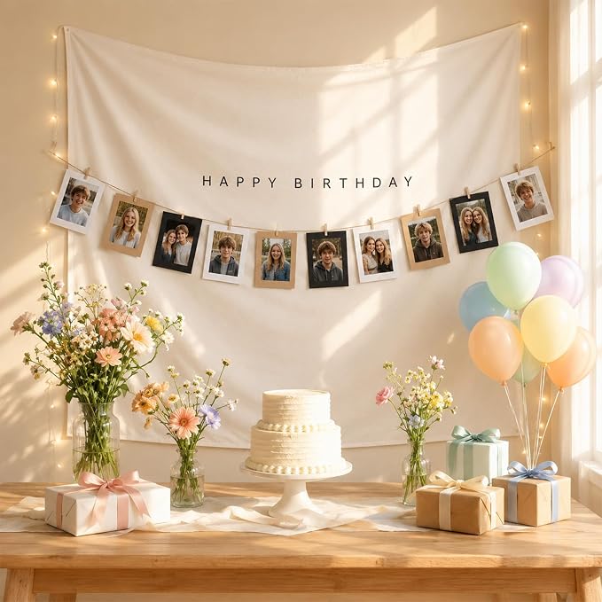 Wiooffen 59x59 In Happy Birthday Tapestry Minimalist White Fabric Banner Happy - Image 7