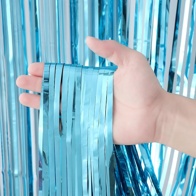 Voircoloria Light Blue Foil Fringe Backdrop Curtains, 2 Pack | Tinsel Streamers - Image 2