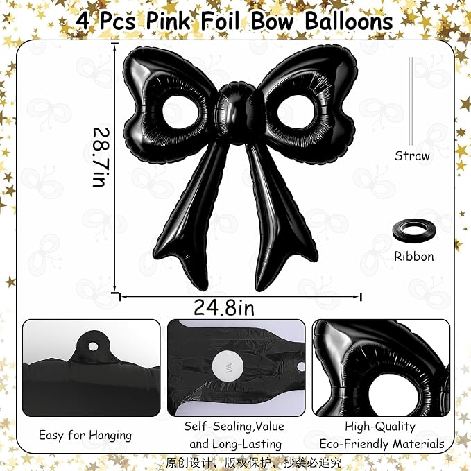 4 Pcs Black Bow Balloons, 31”Huge Bow Aluminum Foil Balloons - Image 6