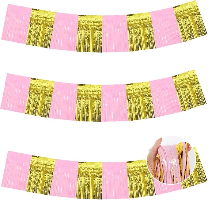 BEISHIDA Pink Gold Fringe Garland Banner 30ft Wall Tinsel Foil Streamers | 3Pack by Beishida
