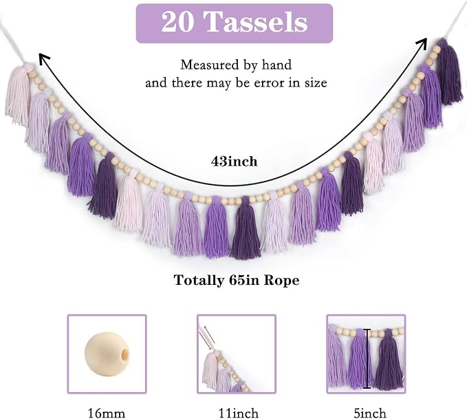 Purple Yarn Wood Bead Tassel Garland Wall Hanging Decor Boho Lavender Banner - Image 3