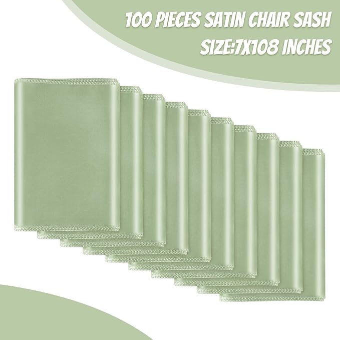 Satin Chair Sashes Bows Universal Chair Ribbon Ties Back Sash for Wedding Party Reception Events Banquets Hotel Event Chair Cover Decoration (7x108 inch) (100, Sage Green)