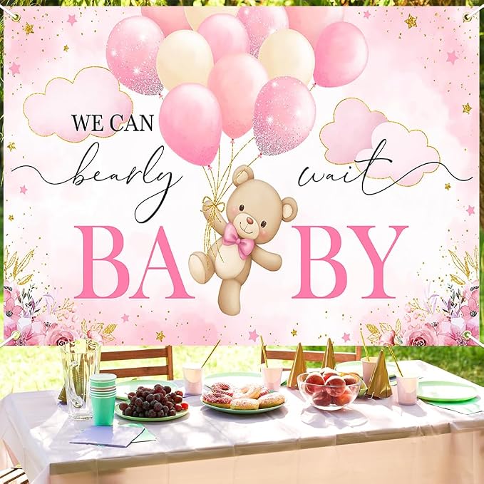 Mocsicka We Can Bearly Wait Backdrop Pink Bear Baby Shower Banner Girl Bear - Image 6