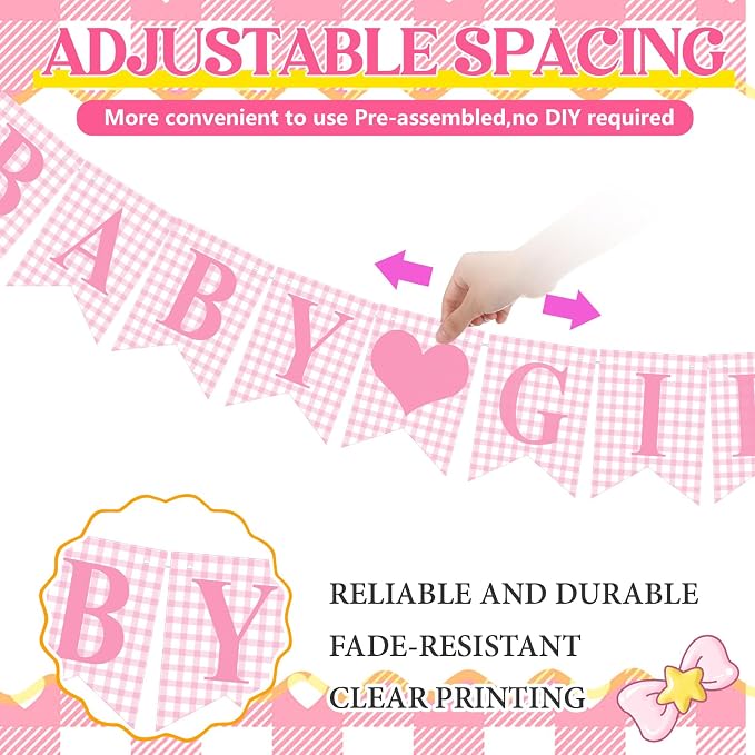 Hahafelt 1 Pcs Pink Gingham Baby Girl Banner - Image 2