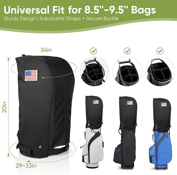 Golf Bag Rain Cover Hood Waterproof 1680D Nylon Dustproof Universal Fit with Adjustable Rain Cape for Stand/Cart Bags, All Black or US Flag Style