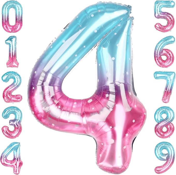 40 Inch Pink Blue Number 4 Balloon, Large Gradient Pink Blue Mylar Foil Number by Unknown