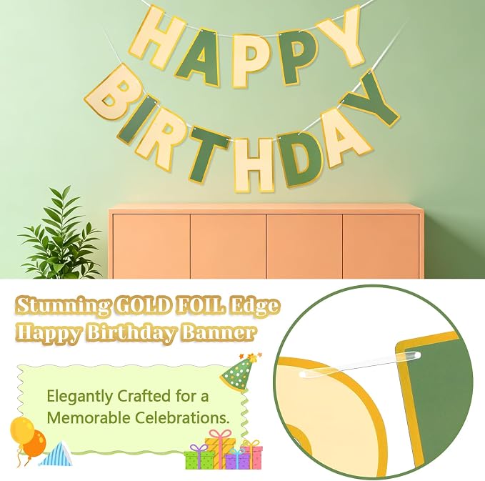Pre-Strung Happy Birthday Banner Brown Green Party Decorations | adjustable cord - Image 3