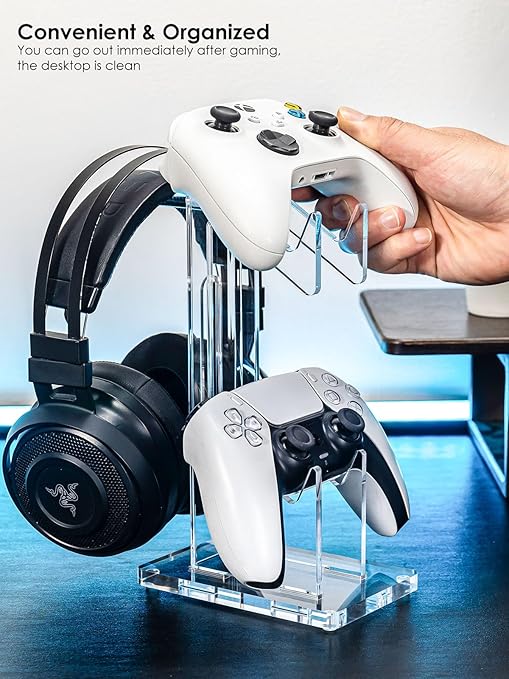 OAPRIRE Headset and Controller Stand, Space-Saving 2 Tier Game Controller Holder, Acrylic Controller and Headset Stand for Desktop, Universal Design Compatible with PS5/PS4/Xbox/Switch (Crystal Clear)