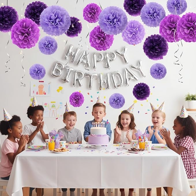 12Pcs Purple Hanging Tissue Paper Pom Poms, Pompoms Flowers - Image 3
