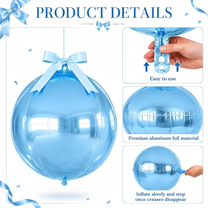 Blue Round Foil Balloons with Satin Bows Ribbon - Image 3