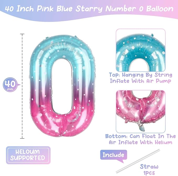 40 Inch Pink Blue Number 10 Balloon, Large Gradient Foil 10 Balloon - Image 4