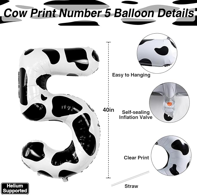 Cow Print Number 5 Balloon, 40 Inch Large Cow Pattern Foil Mylar Balloons 0-9 - Image 3