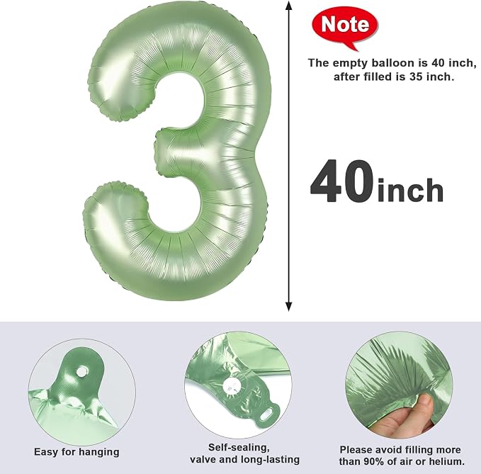 40 Inch Number 3 Balloon, Olive Green Birthday Decorations - Image 5