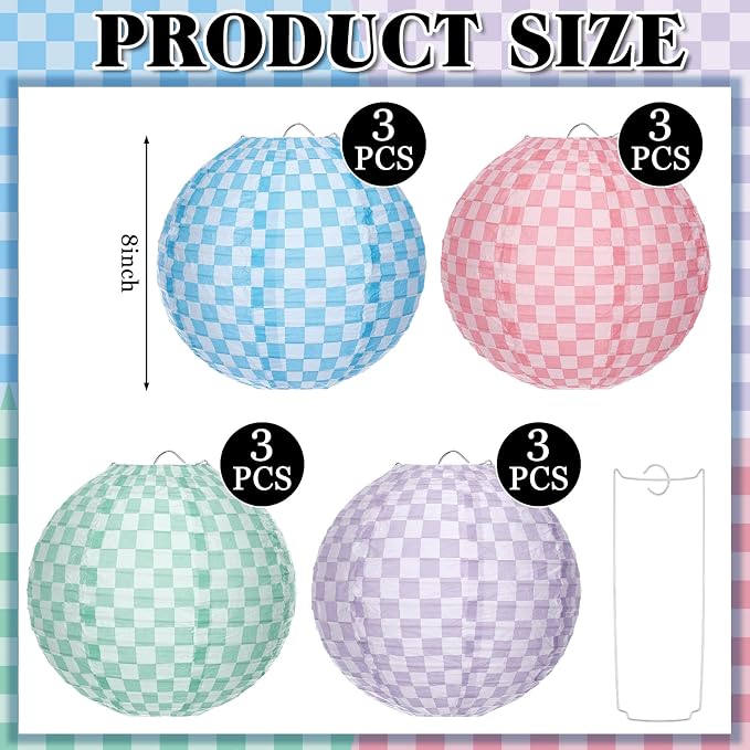 Baquler 12 Pcs Checkered Hanging Paper Lanterns Party Decorations, 8 Inch Round - Image 2