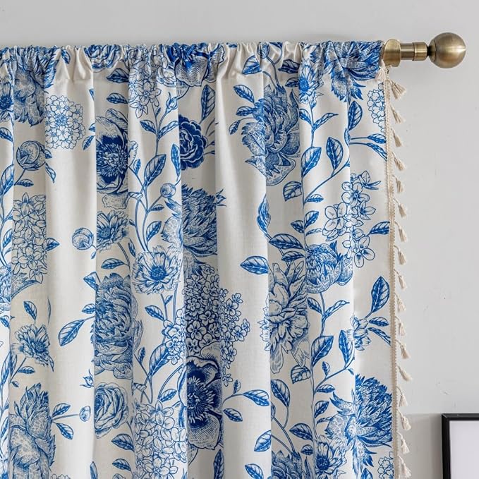 F-CHU Blue Curtains for Bohemian 90 Inch Length French Country Floral Drapes - Image 3