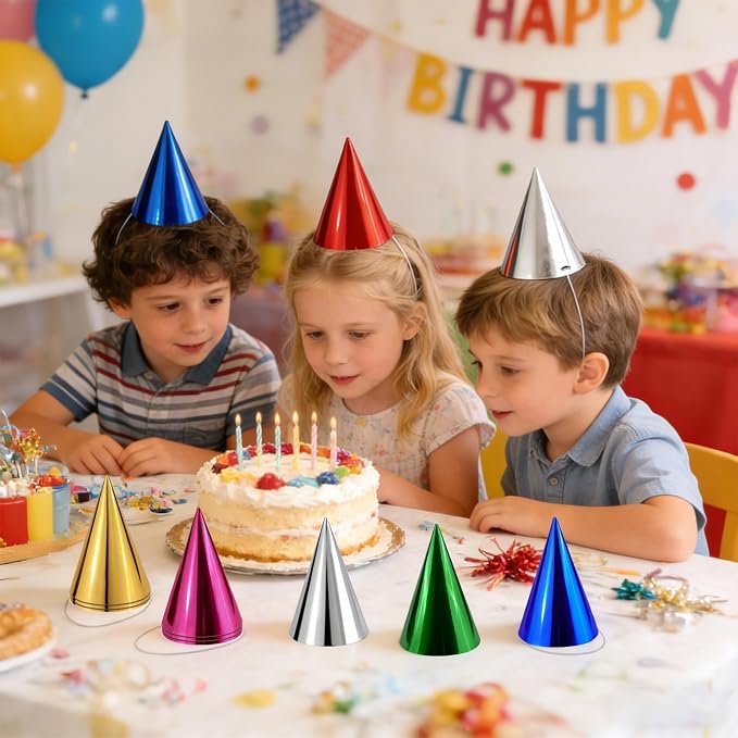 WEOXPR Pre-Assembled Metallic Party Hats Bulk Colorful Cone Hat - Image 2