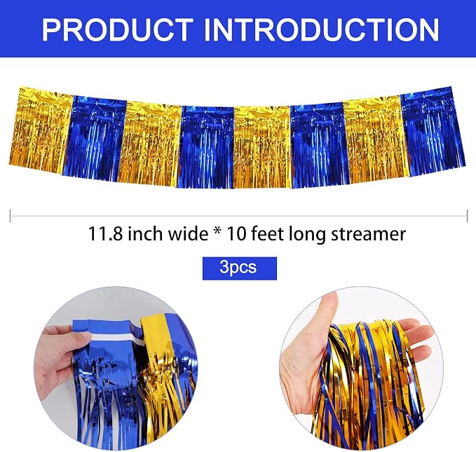 BEISHIDA Blue Gold Fringe Garland Banner 30ft Wall Tinsel Foil Streamers | 3Pack - Image 3